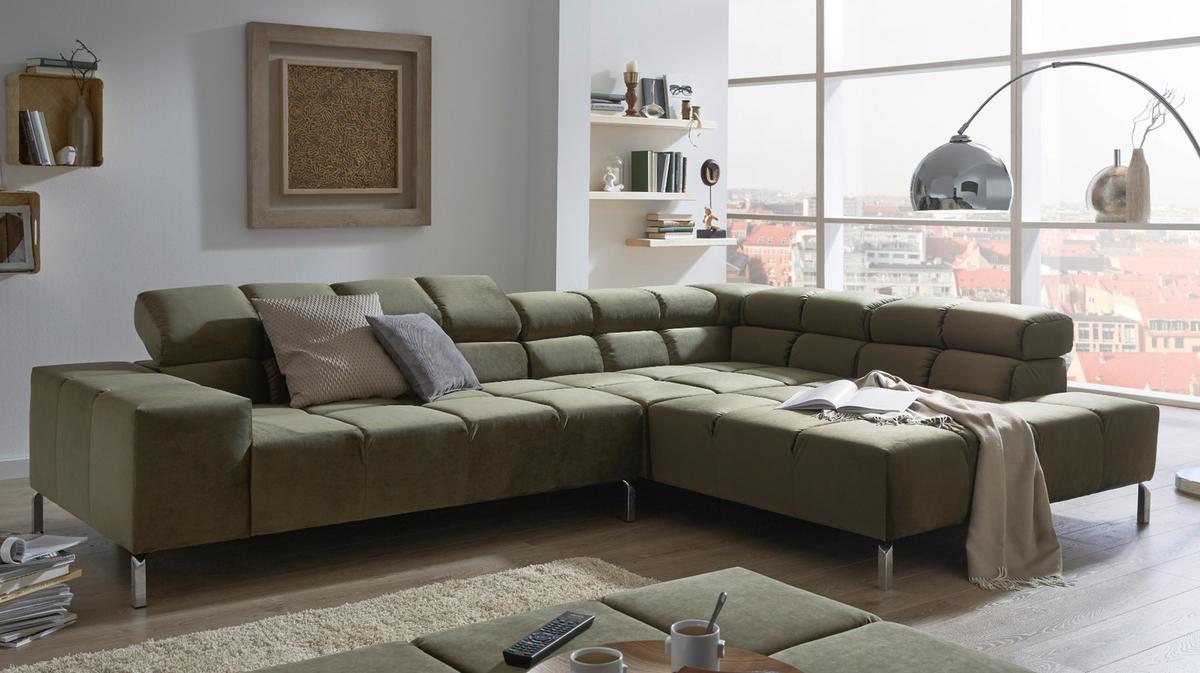 ECKSOFA NELSON Dunkelgrün Velvet - Dunkelgrün/Silberfarben, Textil (321/216cm) - KAWOLA