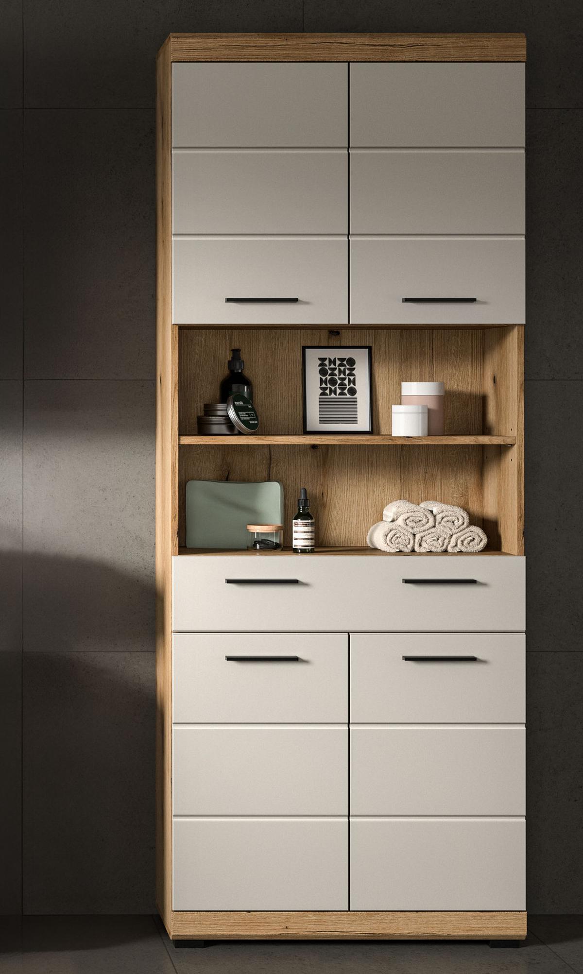 HOCHSCHRANK Sand Kaschmir, Evoke Eiche, Badschrank 74 cm, 4-türig - Sandfarben/Kaschmir, Holzwerkstoff/Kunststoff (74/191/31cm) - Inn.Furn