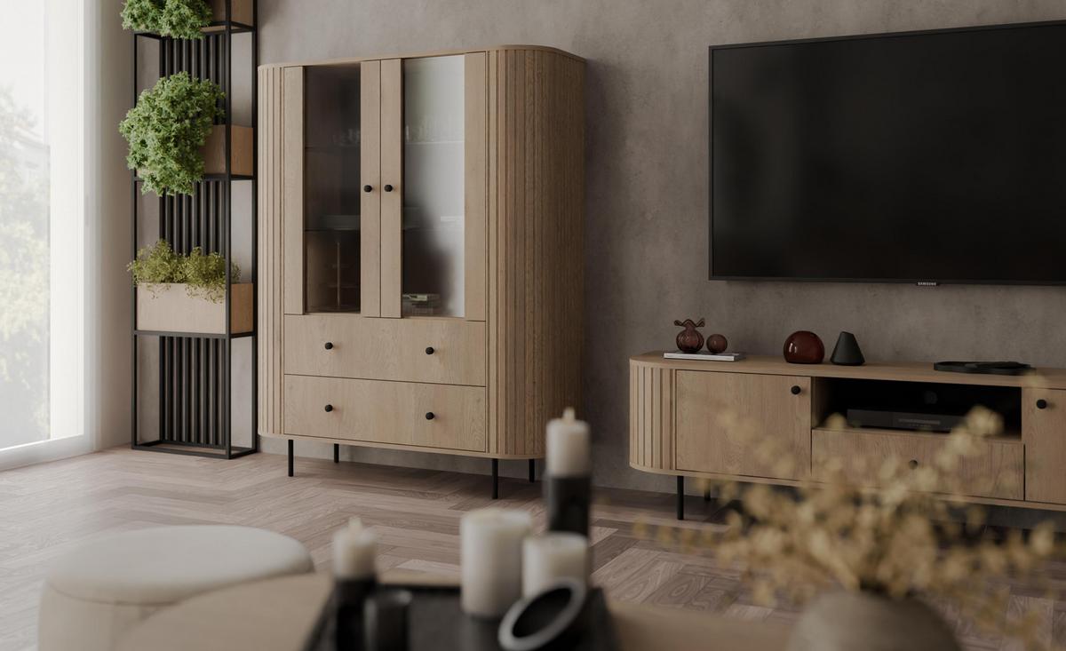 VITRINE Halay Eiche Cremona, 2 Türen & 2 Schubladen Moderne Rillenstruktur, mit runden Kanten - Eichefarben/Schwarz, Holzwerkstoff/Metall (123/155/42.3cm) - AX Living