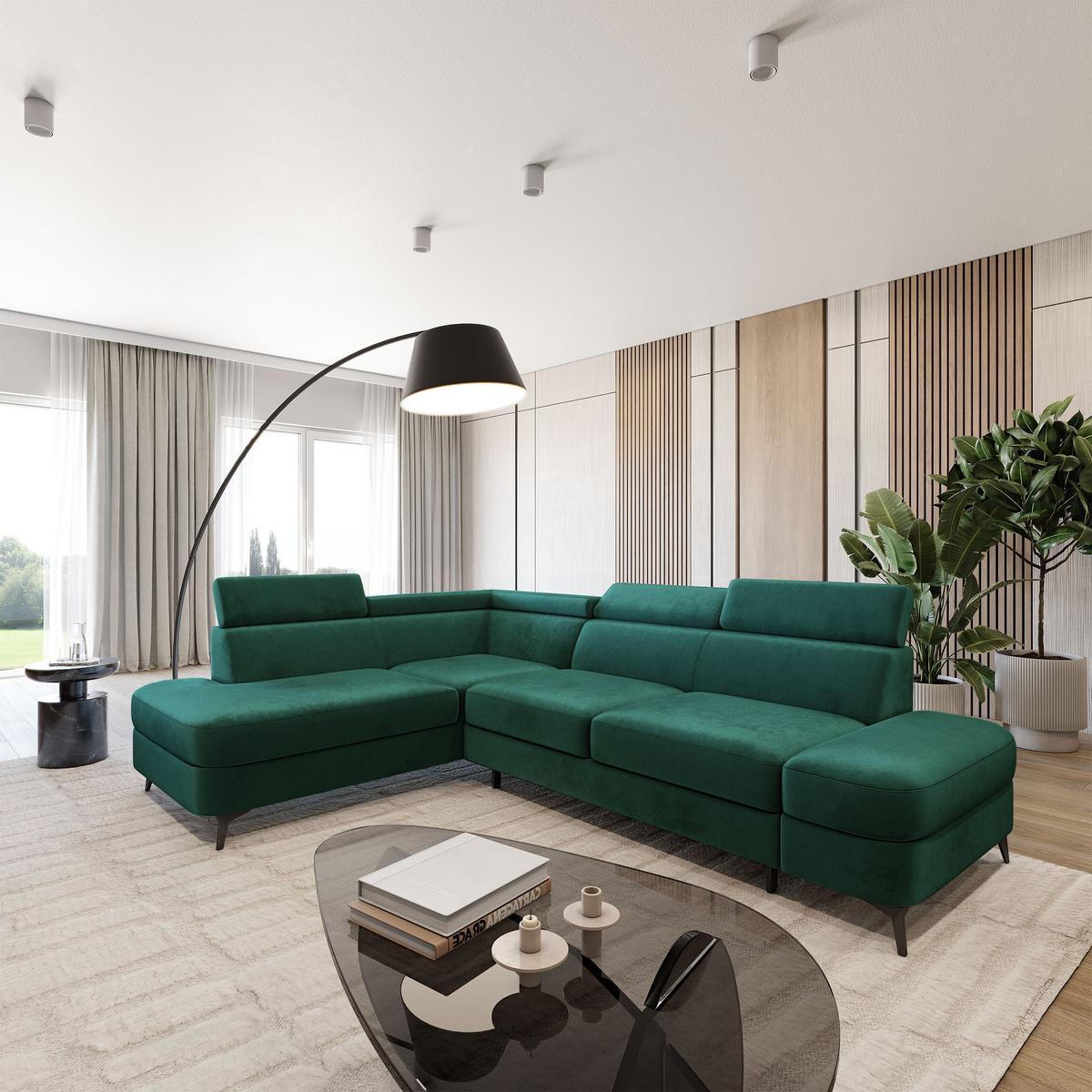 ECKSOFA AVISE M L-S Grün Velours-Stoff mit Schlaffunktion - Grün, Holzwerkstoff/Textil (268/195cm) - MASSENO