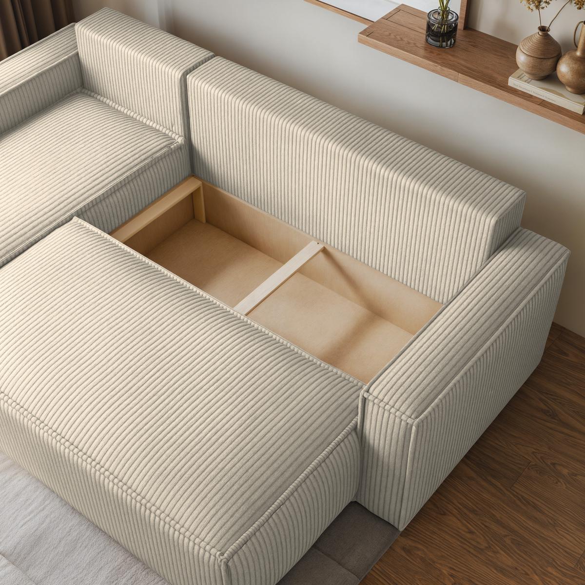 ECKSOFA RAVELO P Creme Kordstoff mit Schlaffunktion - Creme/Grau, Holz/Kunststoff (240/140cm) - MASSENO