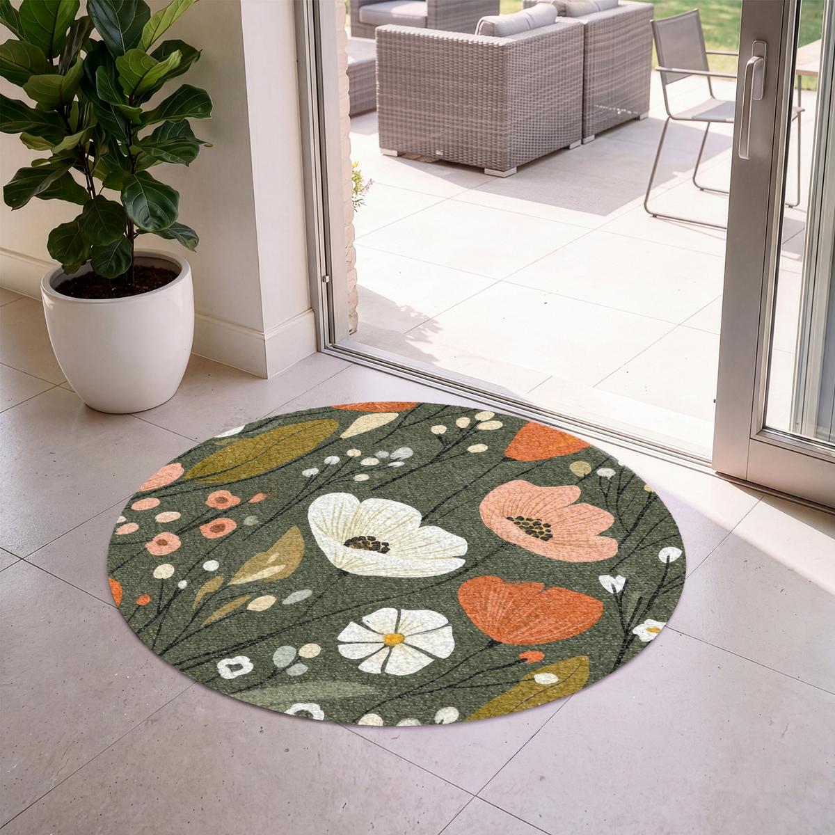 FUSSMATTE Blumen - Illustration - Grün Flurteppich 120x120 cm - Dunkelgrün, Kunststoff (120/0.4cm) - MuchoWow
