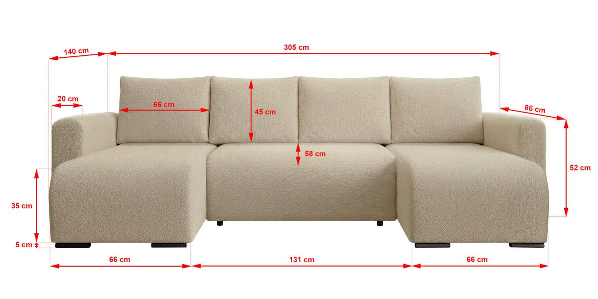 WOHNLANDSCHAFT DORA U mit Bettkasten und Schlaffunktion, U-Form, bequem - Creme, Textil (305/85/140cm) - Storez24