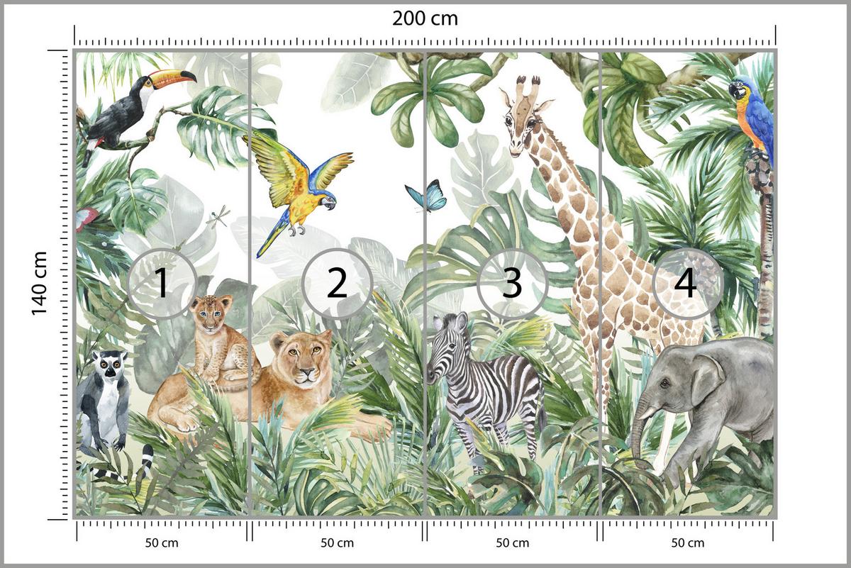 FOTOTAPETE für Kinderzimmer Tropen Dschungel Tiere Palmen Monstera 200x140 - Beige/Orange, Papier (200/140cm) - Muralo