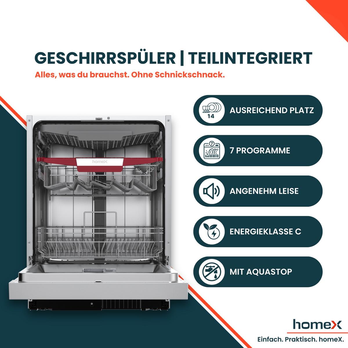 GESCHIRRSPÜLER teilintegrierbar 60 cm, Einbau Spülmaschine - 14 Maßgedecke, 7 Programme, AquaStop, 44 dB - Silberfarben, Kunststoff/Metall (59.8/81.5/57cm) - homeX