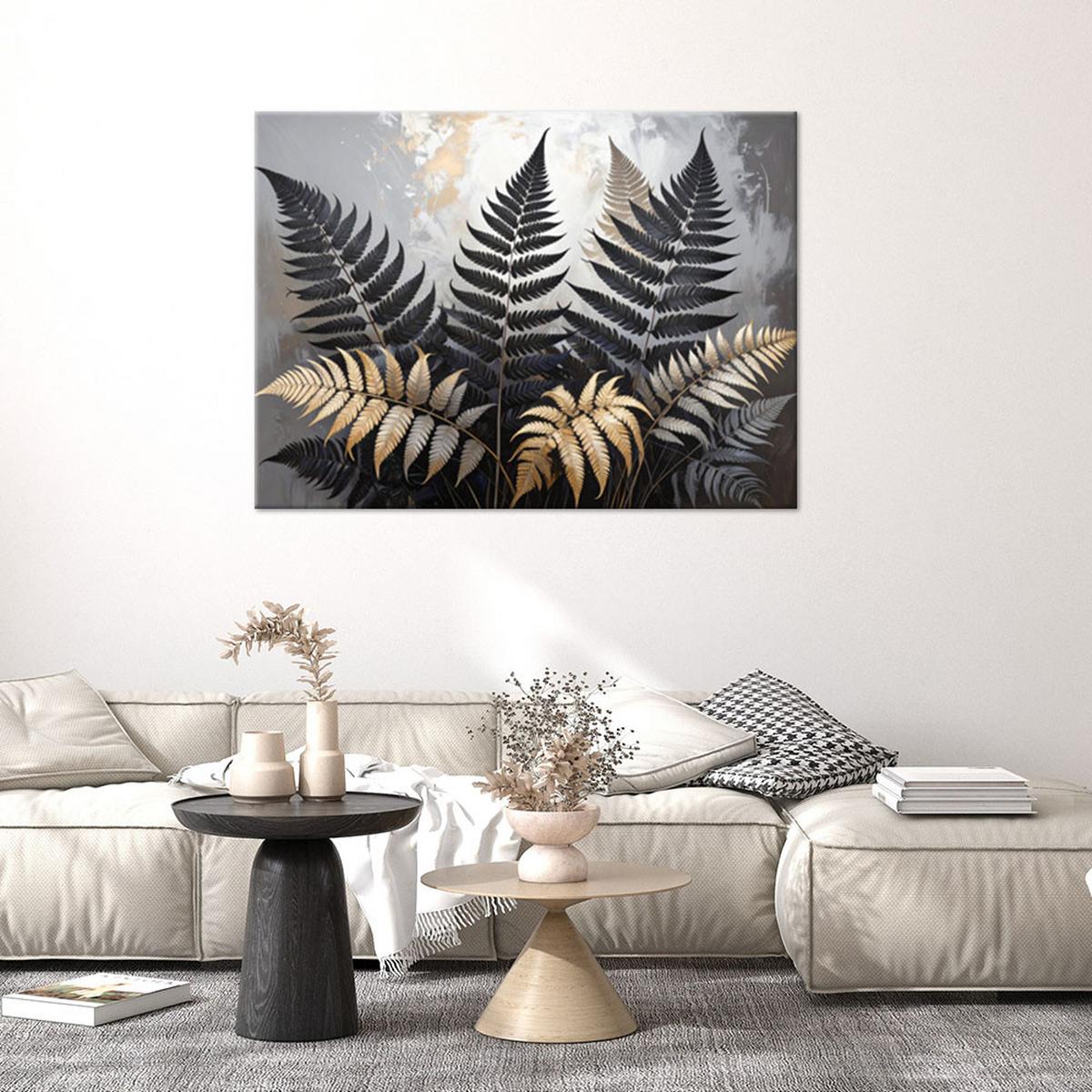 LEINWANDBILD, Schwarz-goldene Farnblätter auf beigem Hintergrund - Schwarz, Textil (90/60cm) - Feeby