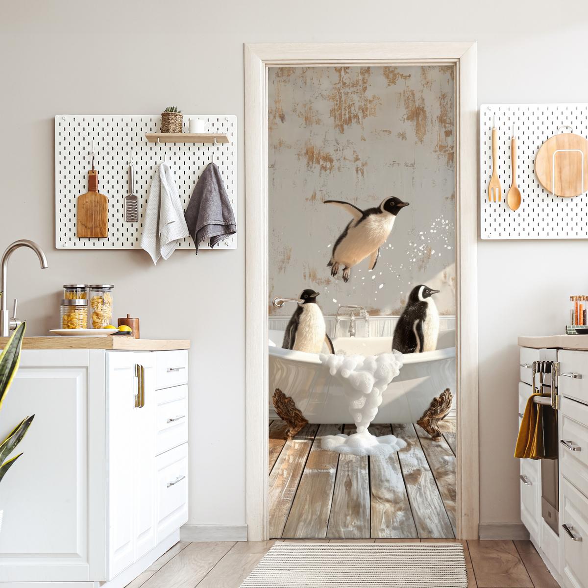 TÜRAUFKLEBER Vintage - Pinguin - Badewanne - Schaumstoff 90x215 cm - Türtapete - Hellbraun, Kunststoff (90/0.1cm) - MuchoWow