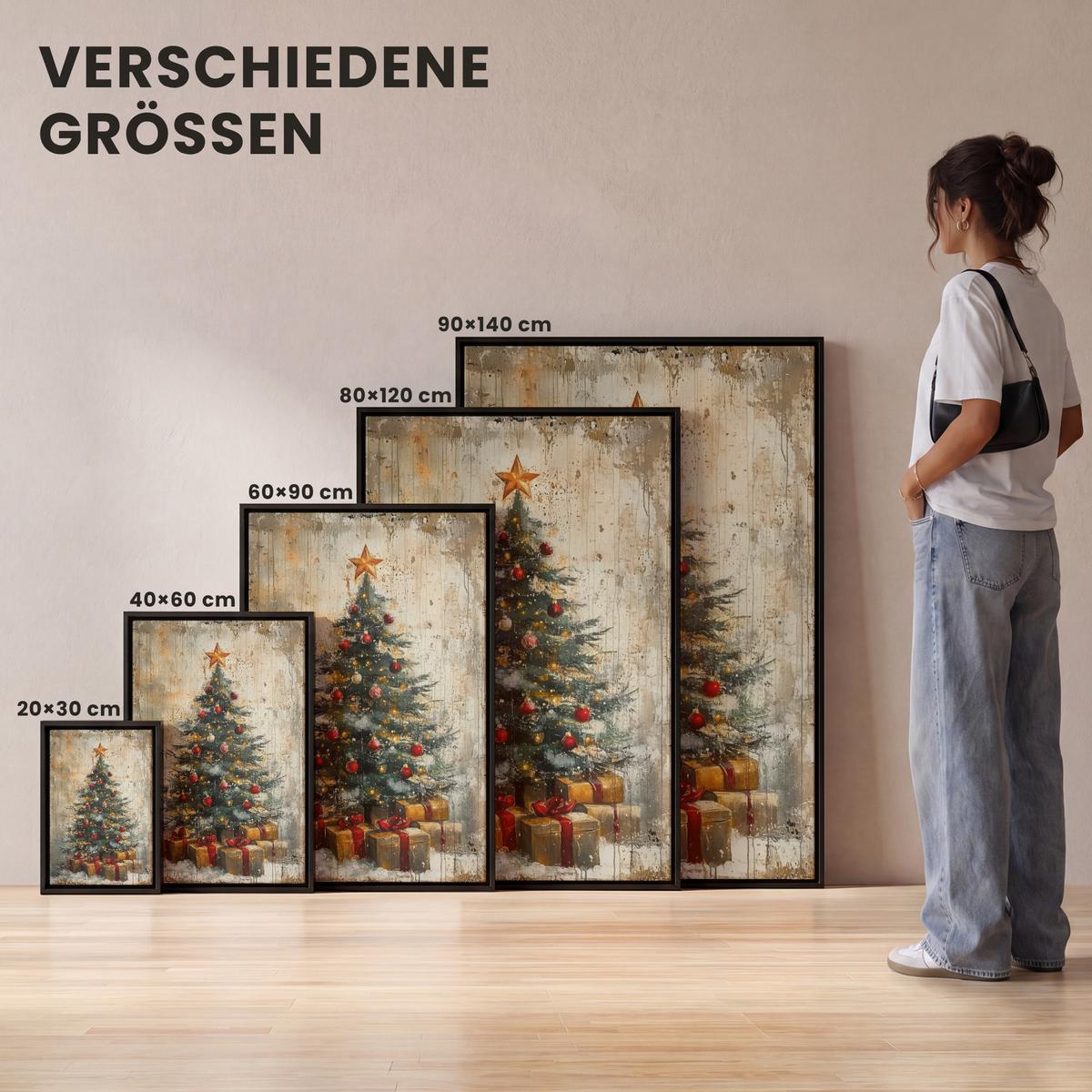 LEINWAND Bilder mit Rahmen - Weihnachtsbaum - Vintage - Weihnachten - Geschenk - 60x90 - Rostfarben, Textil (60/90cm) - MuchoWow