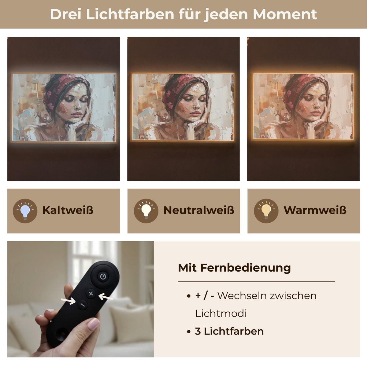 WANDLEUCHTE MIT AKKU Frau - Lackierung - Porträt - Modern 100x70 cm - Braun, Holzwerkstoff (100/70/8cm) - OnlyWow