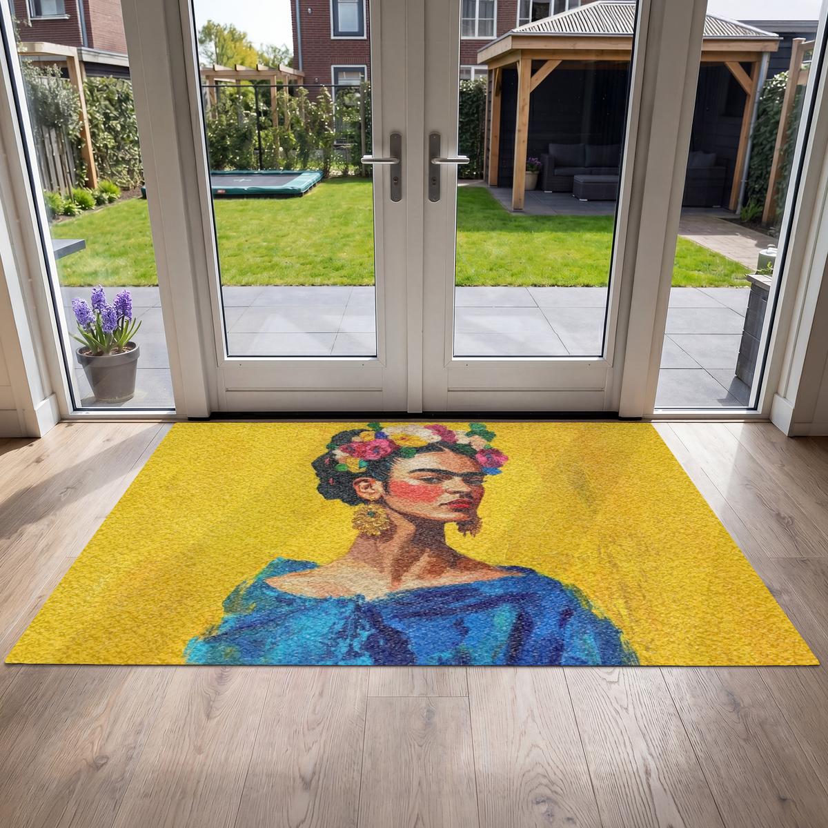 FUSSMATTE Frida Kahlo - Frau - Gelb - Blau - Blumen Schmutzfangmatte 180x120 cm - Gelb, Kunststoff (180/0.4cm) - MuchoWow
