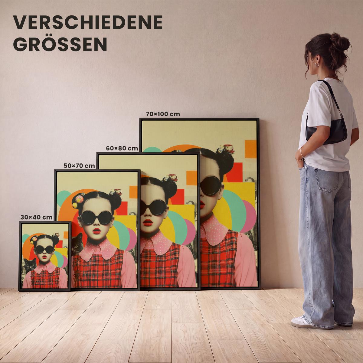 LEINWAND Bilder mit Rahmen - Mädchen - Sonnenbrille - Katze - Retro - 30x40 - Beige, Textil (30/40cm) - MuchoWow