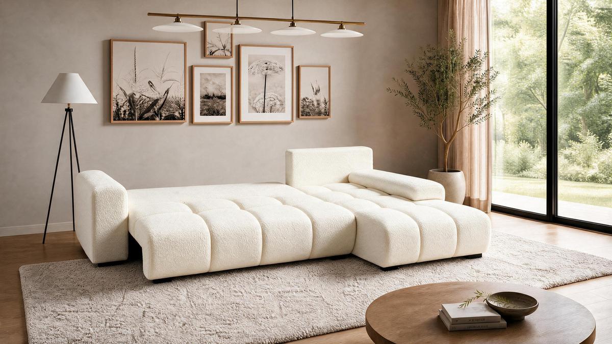ECKSOFA Ovia mit Bettkasten und Schlaffunktion, Bouclé-Stoff in L-Form - Beige, Textil (270/185cm)