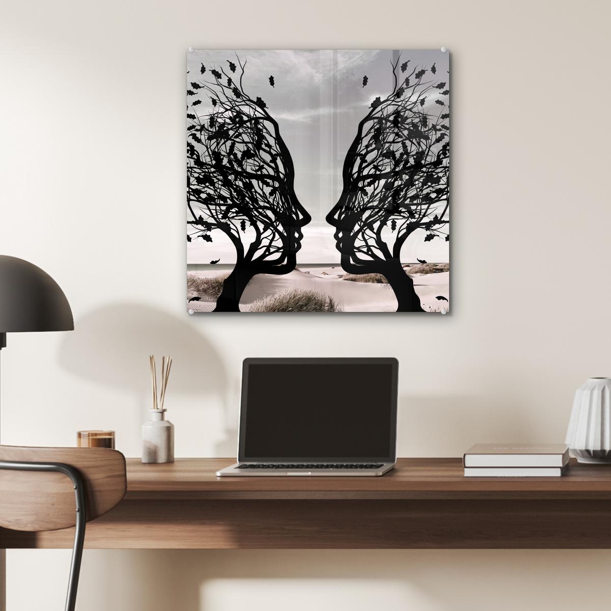 ACRYLGLASBILD Strand - Meer - Menschen - Baum - Moderne Kunst 50x50 cm - Hellgrau, Glas (50/50cm) - MuchoWow