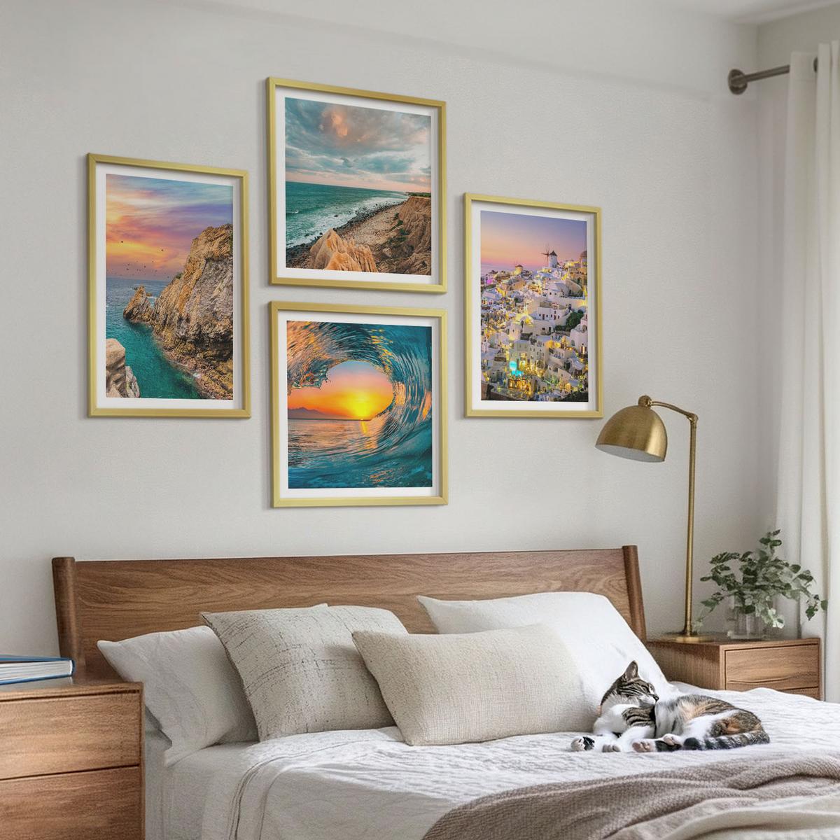 BILDER SET 4er Set - 50x50 cm & 40x60 cm Goldrahmen - Meereswellen, weiße Häuser, Santorini - Goldfarben, Kunststoff (50/50cm) - TULUP