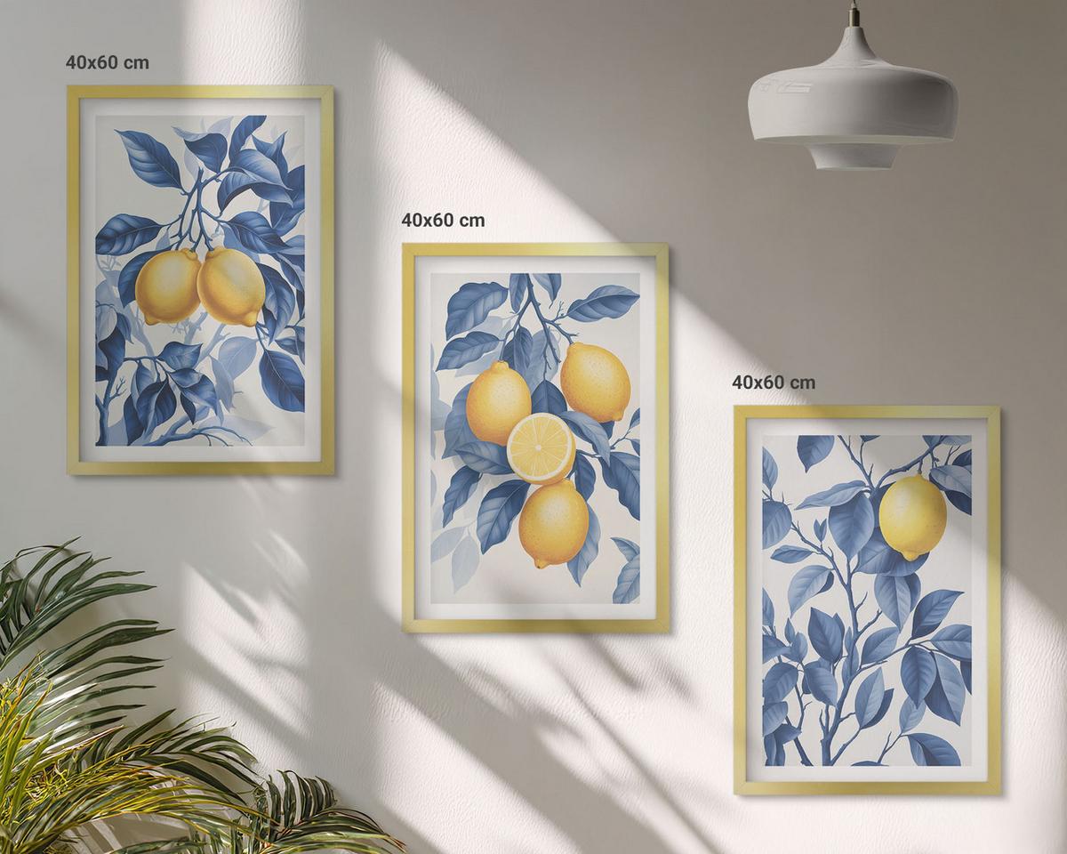 BILDER SET 3er Set - 40x60 cm Goldrahmen - Zitronenzweige mit blauen Blättern - Goldfarben, Kunststoff (40/60cm) - TULUP
