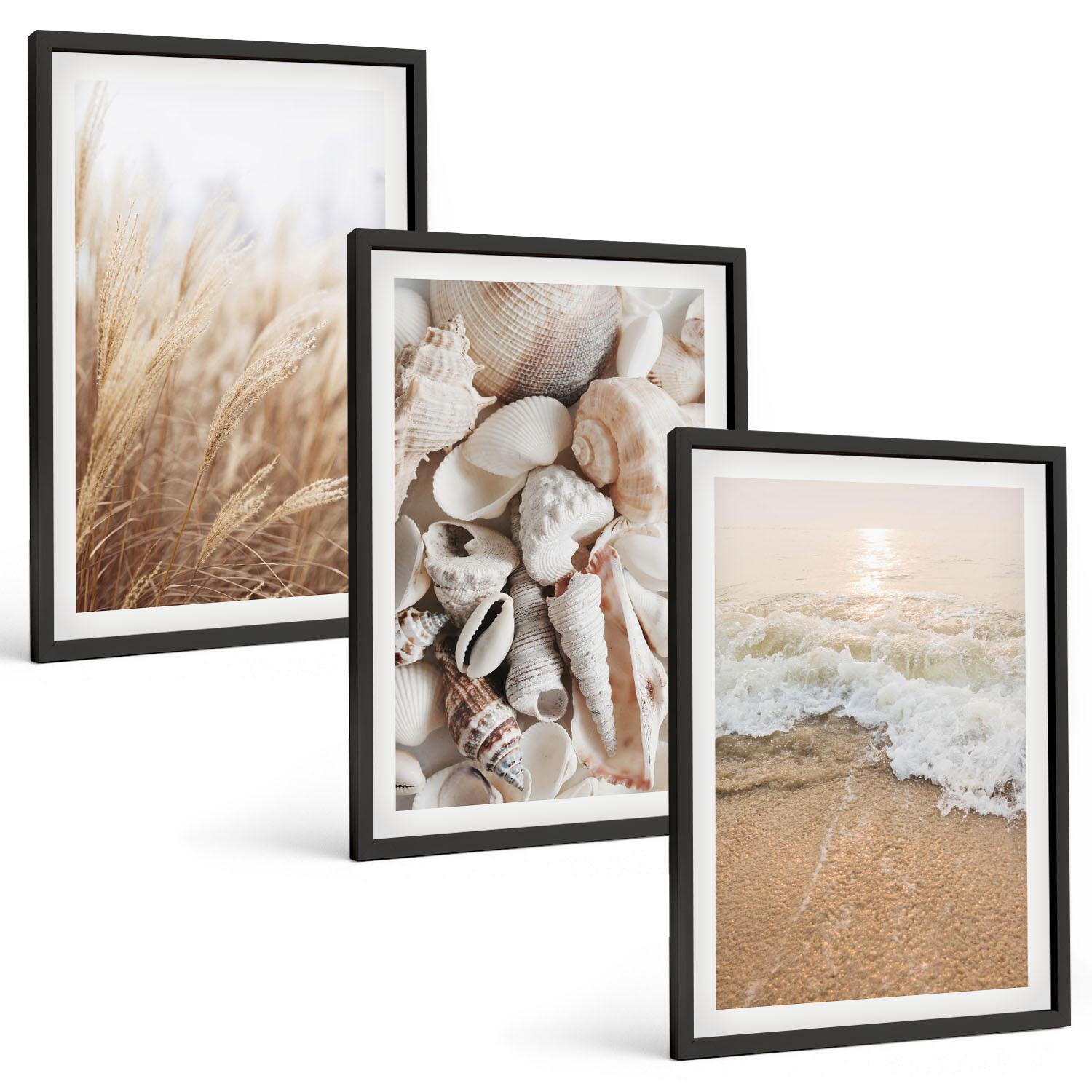 BILDER SET 3er Set - 40x60 cm Schwarzer Rahmen - Strandmotive, Muscheln, Wellen - Schwarz, Kunststoff (40/60cm) - TULUP