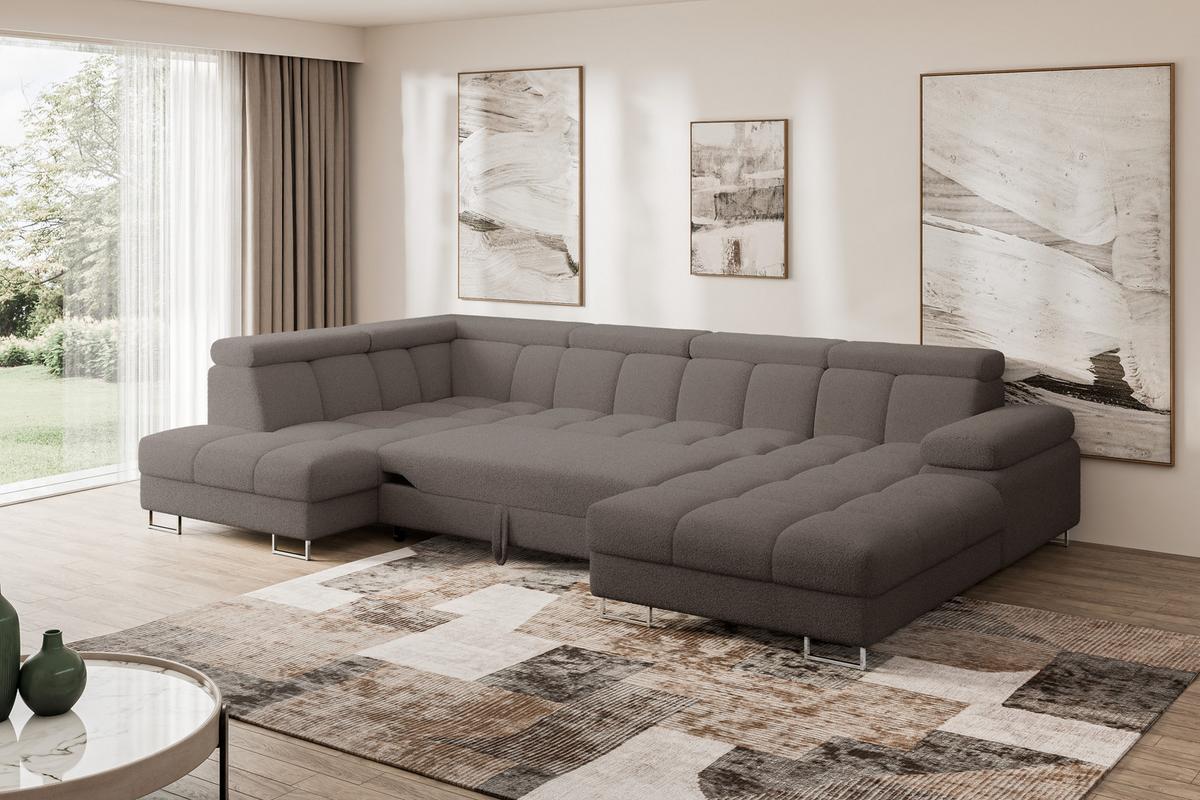 WOHNLANDSCHAFT mit Schlaffunktion und Bettkasten Ottomane Links COMA U 345x203x79 Braun Bouclé - Dunkelbraun, Holzwerkstoff/Textil (345/79/203cm) - ALTDECOR