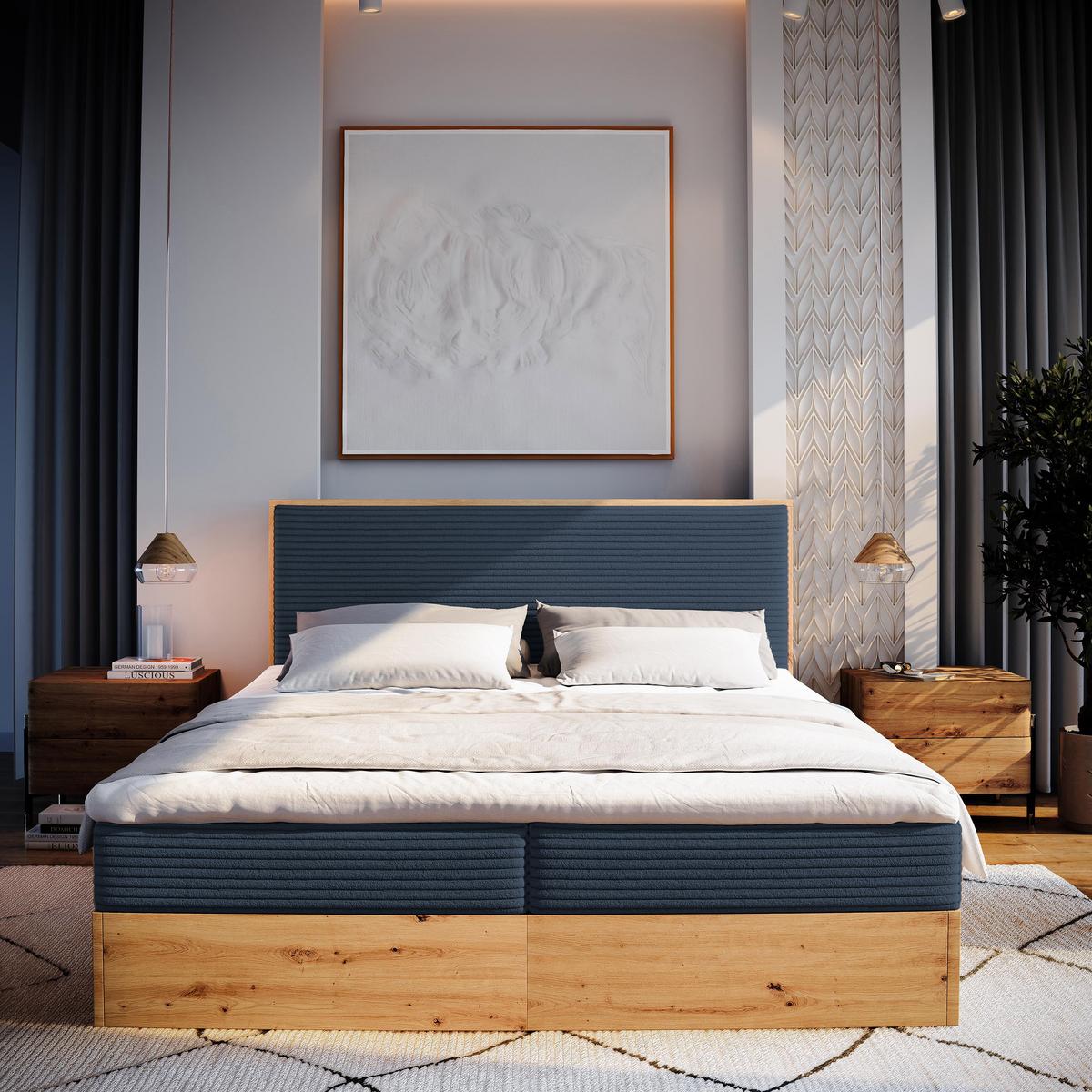 BOXBETT VERDON 160x200 cm mit Matratze und Topper - Blau - Blau, Holz (160/200cm) - MASSENO