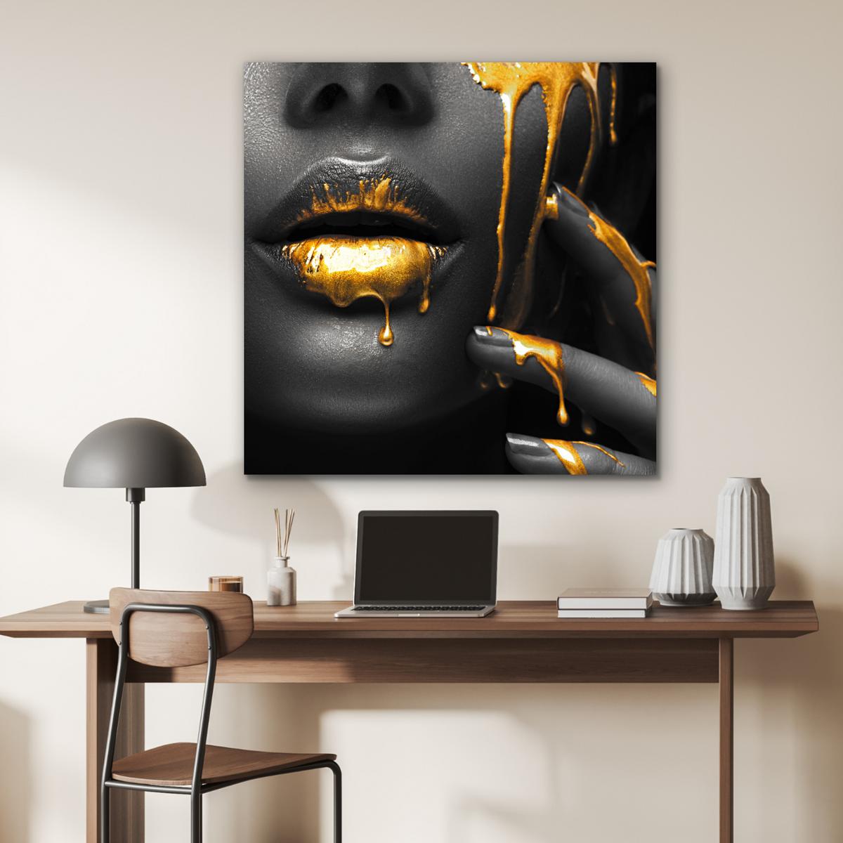 METALLBILD Frau - Schwarz - Gold - Gesicht - Lippen 90x90 cm - Goldfarben, Metall (90/90cm) - MuchoWow