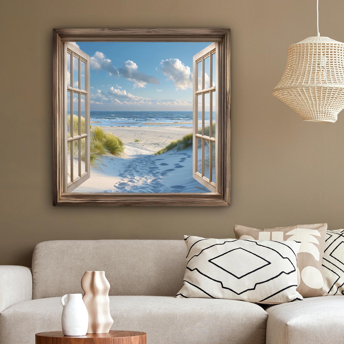 LEINWANDBILD Aussicht - Strand - Fenster - Dünen - Meer Deko Groß 90x90 cm - Hellblau, Textil (90/90cm) - MuchoWow