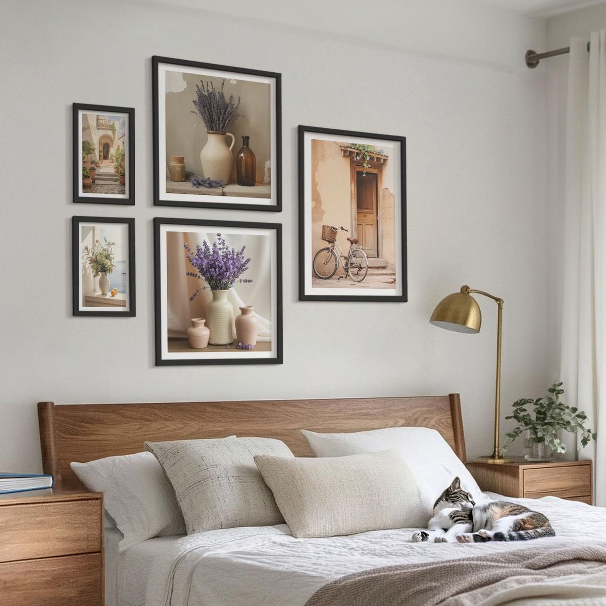 BILDER SET 5er Set - 50x50 cm & 20x30 cm & 40x60 cm Schwarzer Rahmen - Friedliche Zen-Blumen-Buddha-Komposition - Schwarz, Kunststoff (40/60cm) - TULUP