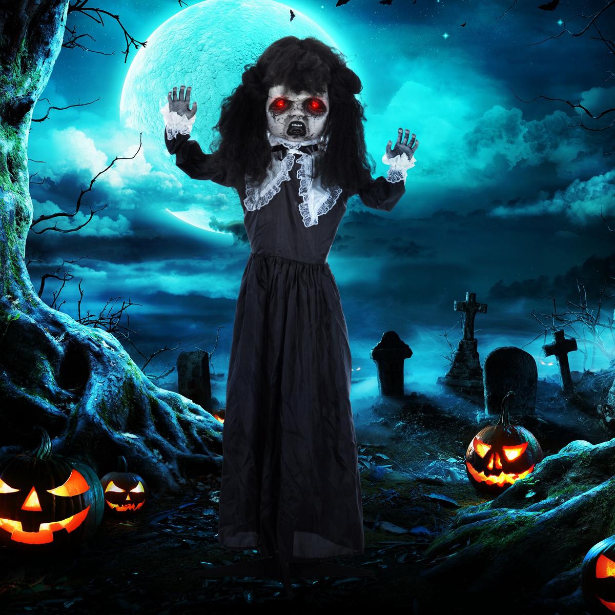 160CM Halloween Dekoration Geisterpuppe mit LED-Lichter, Soundfunktion - Schwarz, Kunststoff (15/160/65cm) - HOMCOM