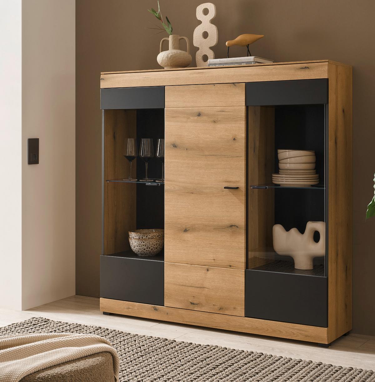 HIGHBOARD in Eiche, grau 140 x 141 cm, Vitrine mit Soft-Close - Kaschmir/Eichefarben, Glas/Holzwerkstoff (140/141/35cm) - Furn.Design