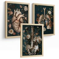 POSTER Set aus 3 Anatomie Mensch Drucke und Wandbilder mit Herz Atmungssystem und Skelett Botanischer Stil Wanddekoration Größe Leichter Holzrahmen A3 - Beige, Papier (29.7/42/3cm) - Nacnic