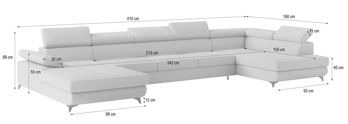 WOHNLANDSCHAFT MONTIVA Hellgrau Boucle-Stoff mit Schlaffunktion - Hellgrau, Holz (410/89/190cm) - MASSENO