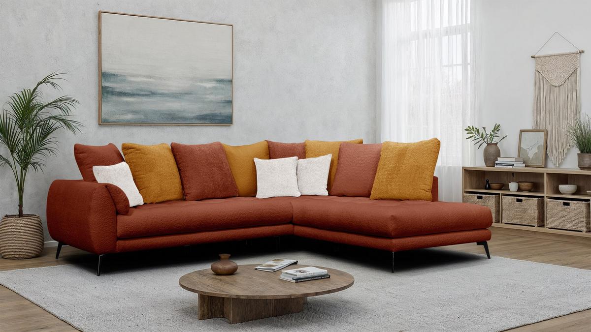 ECKSOFA CALME 5-Sitzer, dunkelorange und écru - Dunkelorange/Schwarz, Holz/Textil (294/229cm) - Wozimo