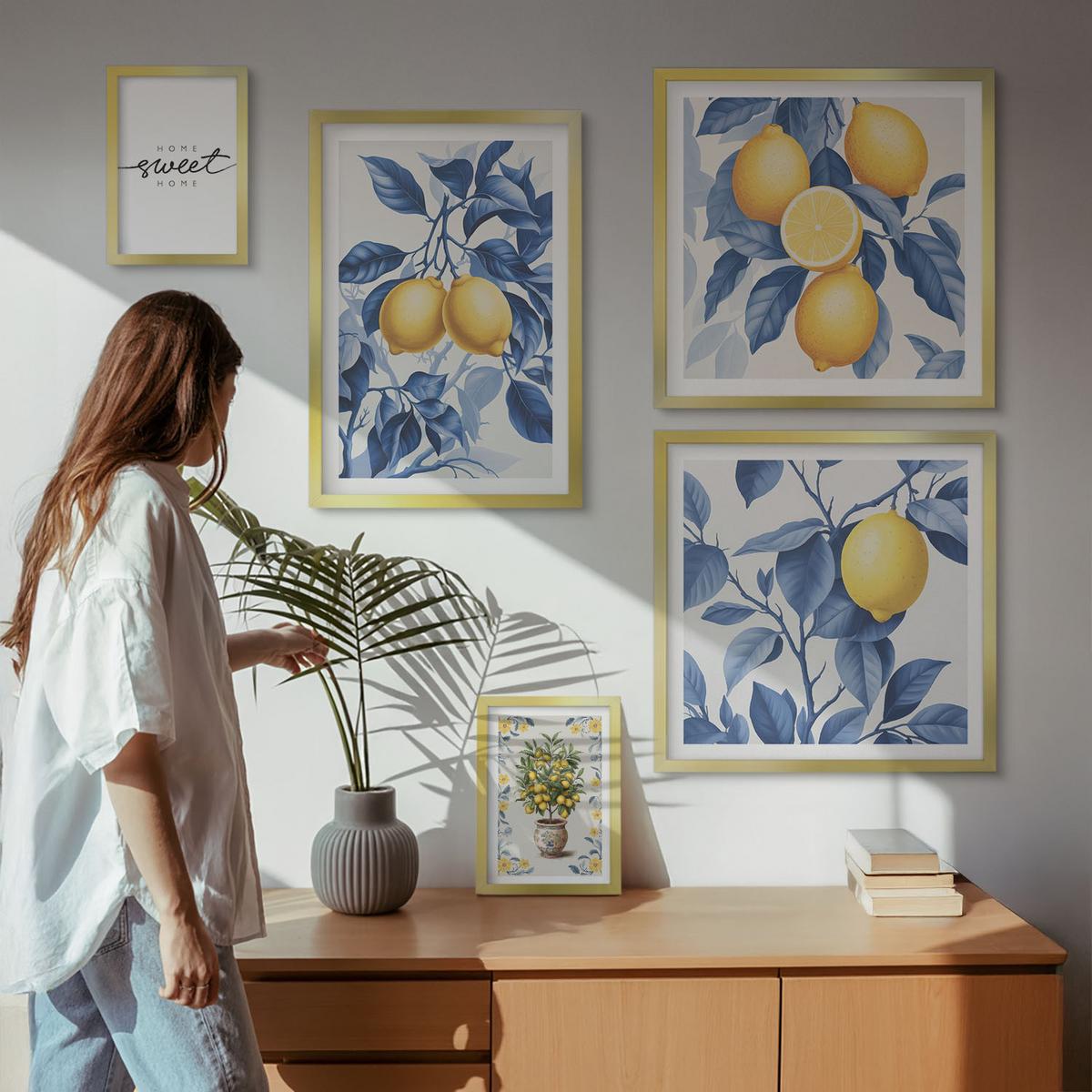 BILDER SET 5er Set - 50x50 cm & 20x30 cm & 40x60 cm Goldrahmen - Zitronenzweige mit blauen Blättern - Goldfarben, Kunststoff (40/60cm) - TULUP