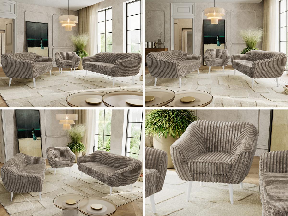 SITZGARNITUR PIRS 3+3+1 - Hellbraun Cord - Weiße Beine - Hellbraun/Weiß, Holzwerkstoff/Textil (180/75/74cm) - MKS