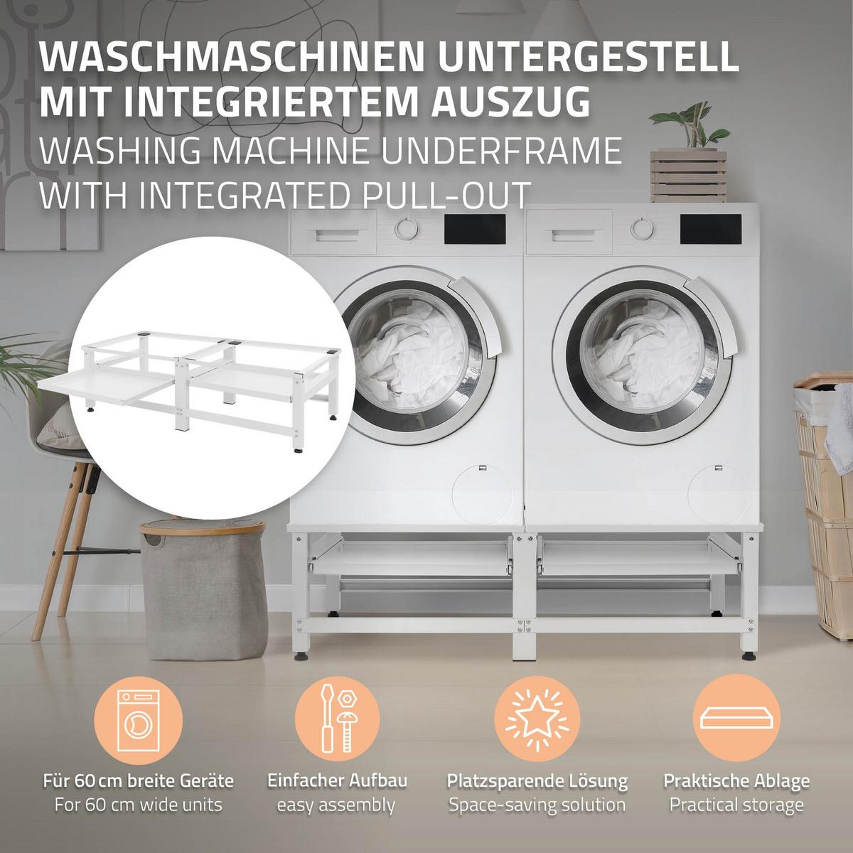 DOPPEL WASCHMASCHINEN UNTERGESTELL 2 ausziehbaren Ablagen Weiß aus Stahl - Weiß, Metall (122/37/53.5cm) - ML-DESIGN