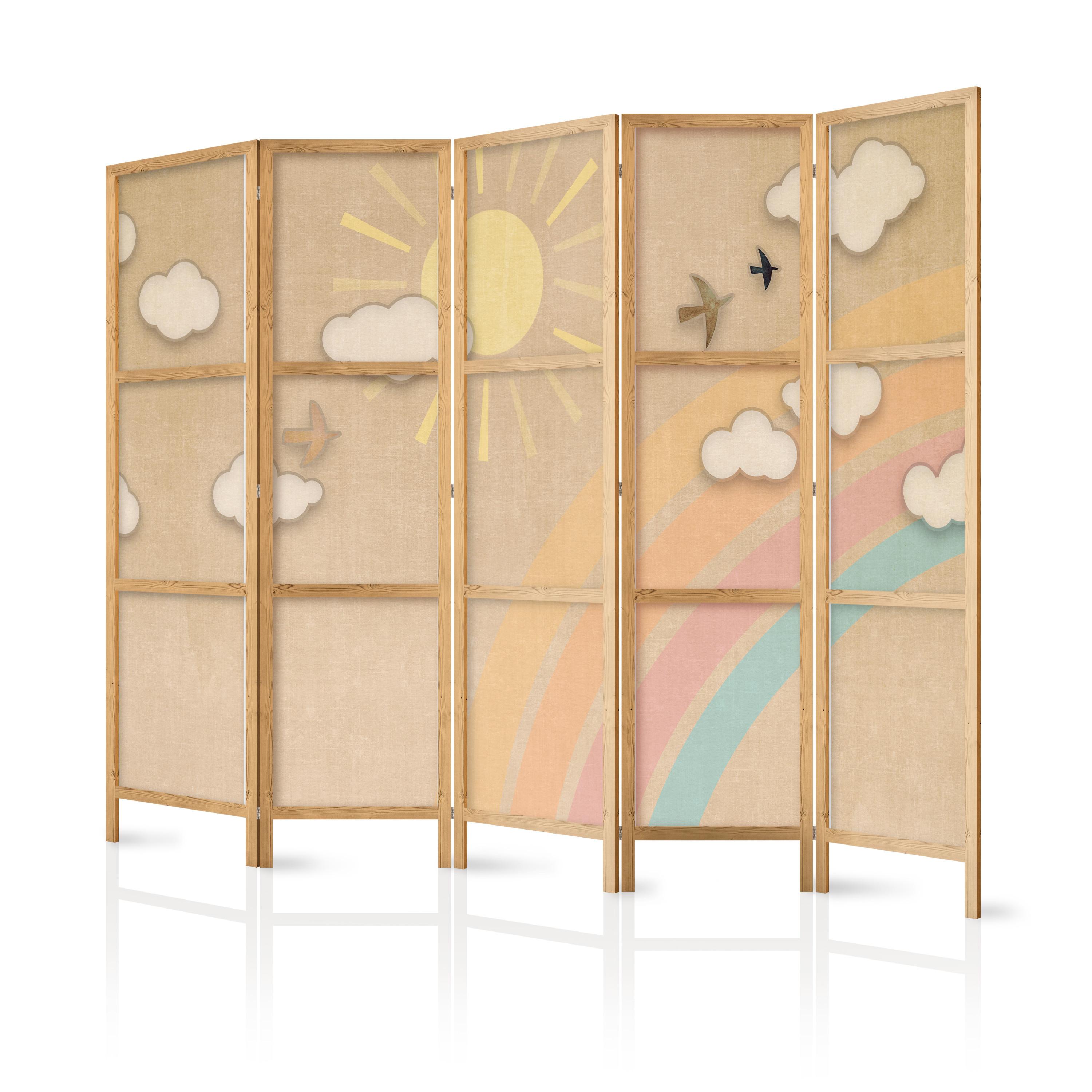 PARAVENT Japanischer 5-tlg 225x172 cm Sonne Und Regenbogen - Braun, Holz/Textil (225/172/3cm) - Muralo