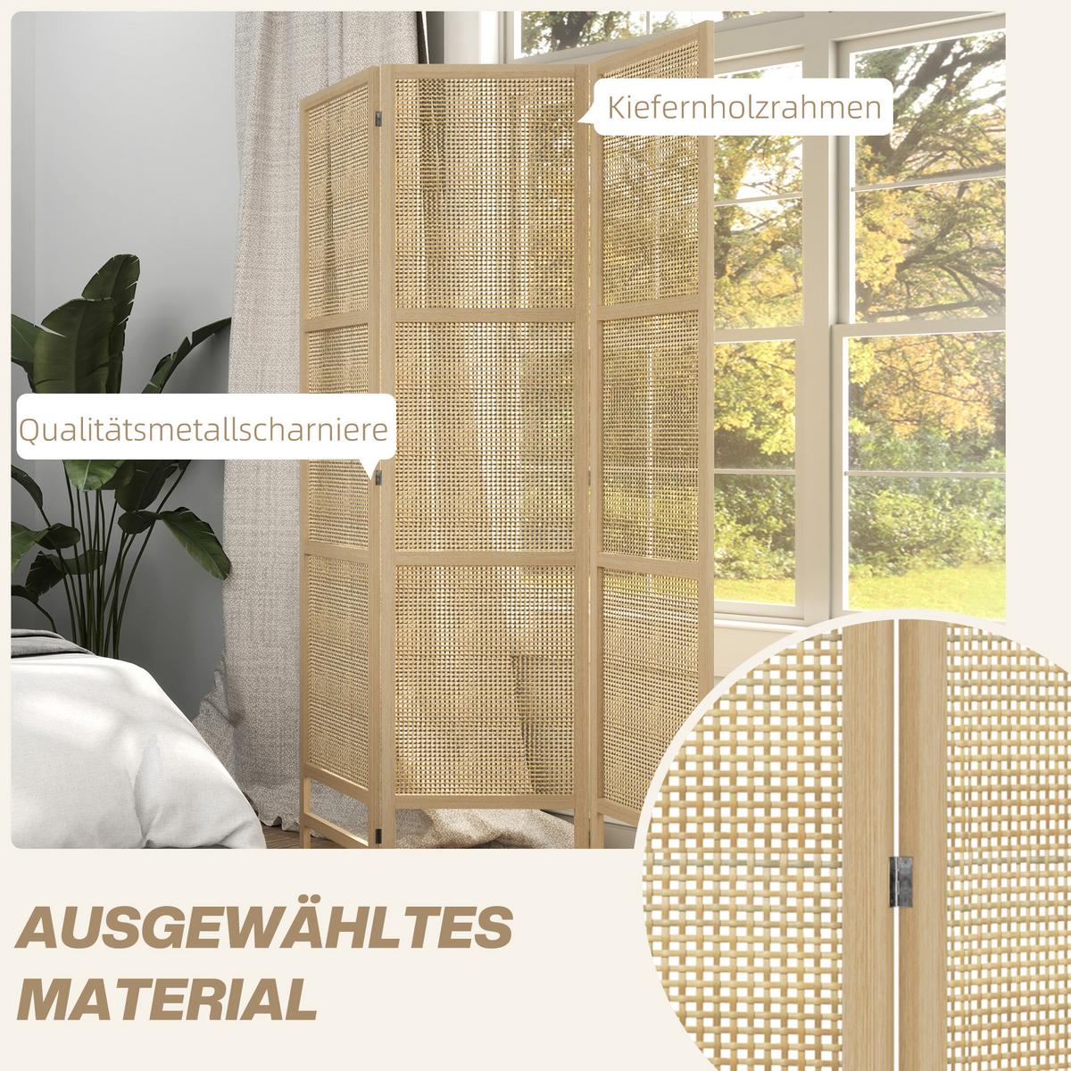 PARAVENT3-TEILIG 135 x 180 cm, Natur - Naturfarben, Kunststoff (1.7/180/135cm) - HOMCOM