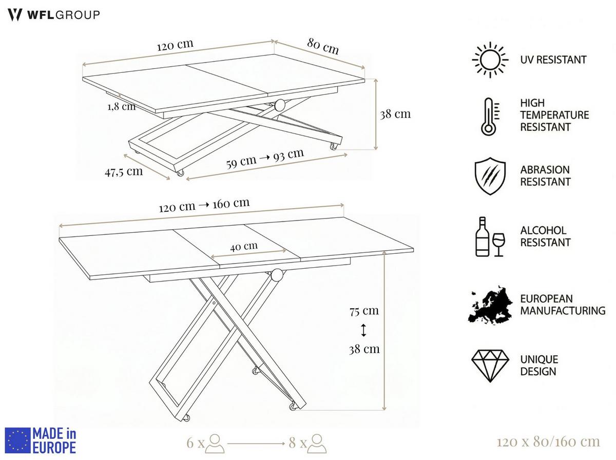 COUCHTISCH Axen höhenverstellbar ausziehbar, Schwarz 120-160/80/38-75 cm - Schwarz/Braun, Holzwerkstoff/Metall (80/160/75cm) - WFL GROUP