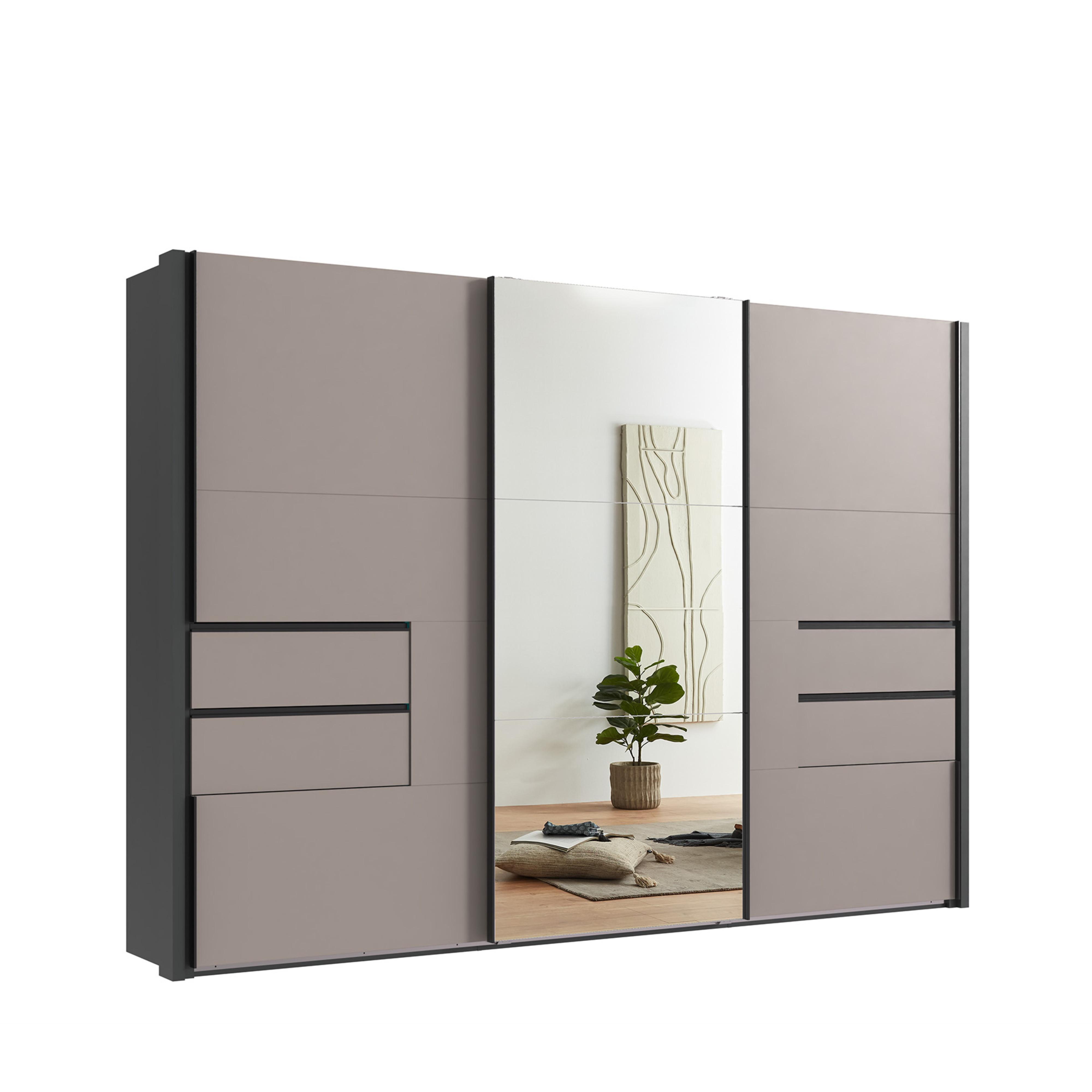 SCHWEBETÜRENSCHRANK 3-türig B312/H216/T65 cm, Korpus&Passepartout Grafit, Türen&Schubladen Sandgrau/Spiegel, Kleiderschrank inkl. Vollausst. / 22066 - Sandfarben/Bordeaux, Holzwerkstoff/Metall (312/216/65cm) - luma-home