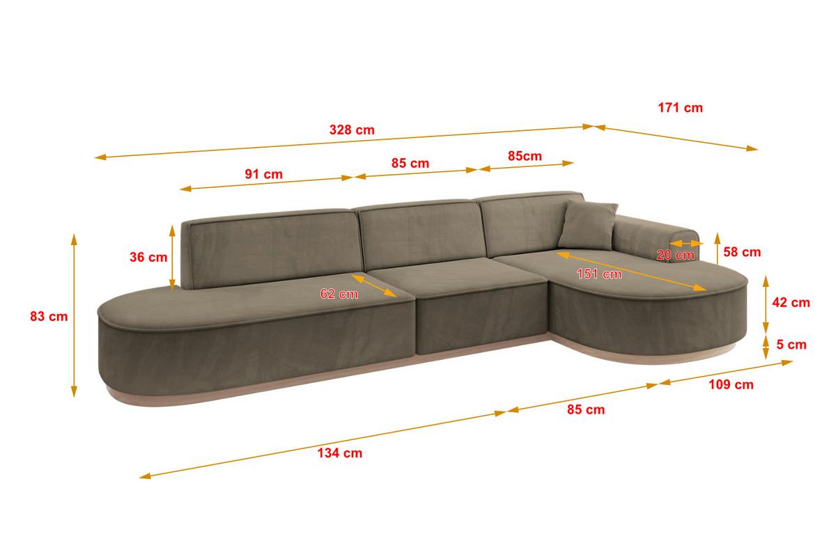 ECKSOFA Ottomane Rechts MARI-L2-v1 - 328x171x83 cm Dunkelbraun Velours - Dunkelbraun, Holzwerkstoff/Textil (171/328cm) - ALTDECOR