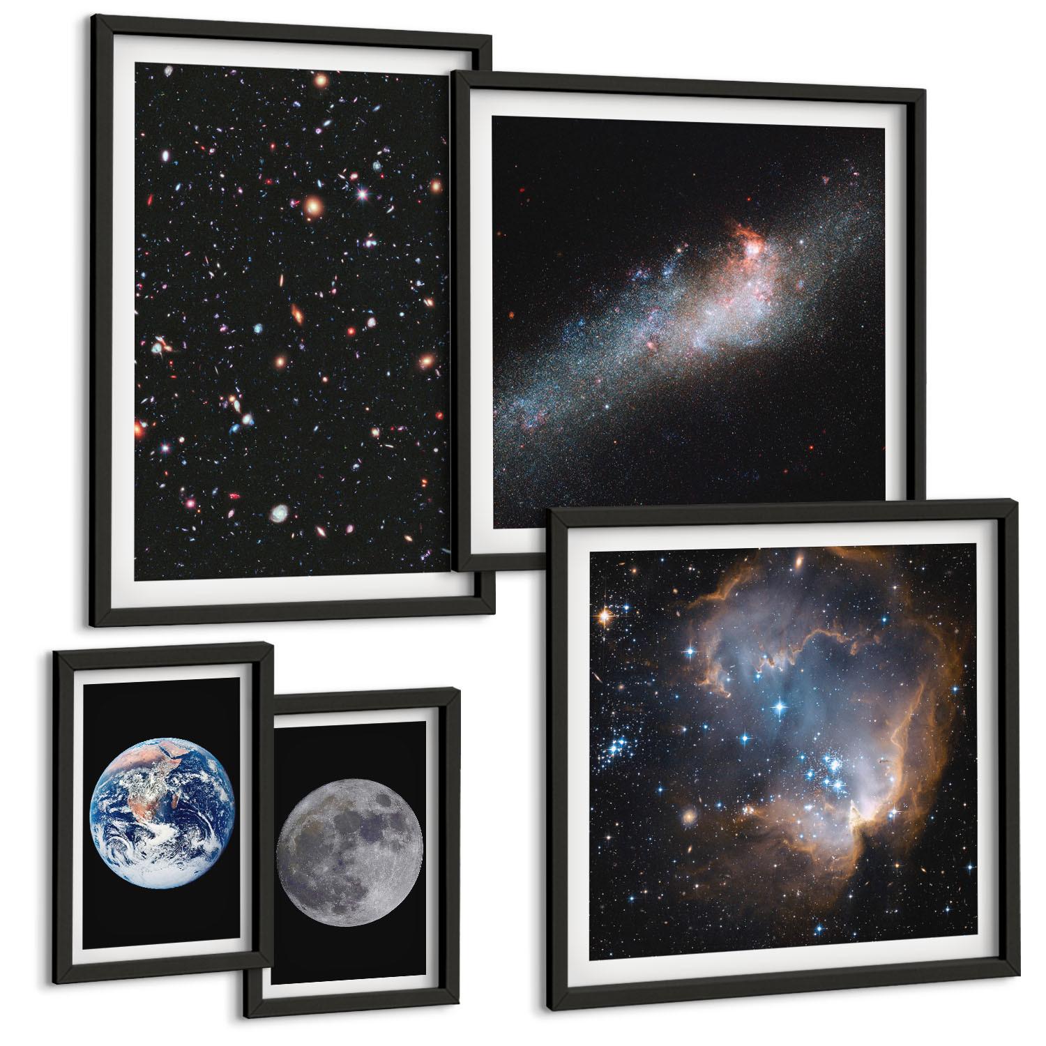 BILDER SET 5er Set - 50x50 cm & 20x30 cm & 40x60 cm Schwarzer Rahmen - Galaxie Weltraum Mond - Schwarz, Kunststoff (40/60cm) - TULUP