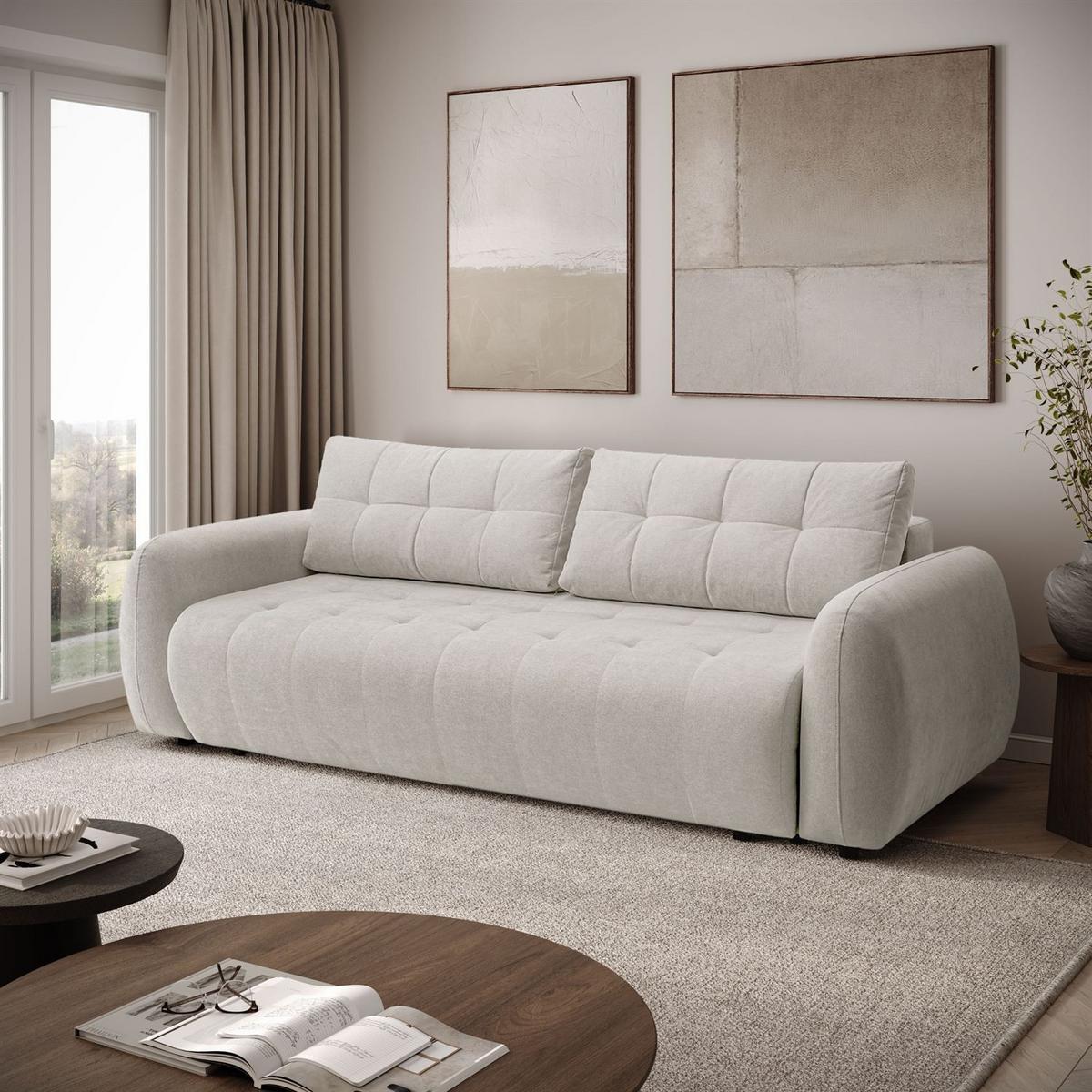SOFA OMEGA Zweisitzer mit Schlaffunktion, Rosa 02 - Ecru, Textil (252/92/105cm) - Lookway