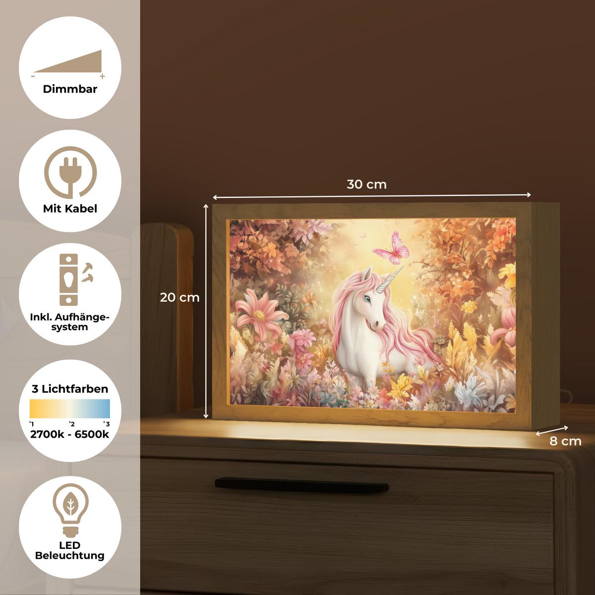 NACHTTISCHLAMPE Einhorn - Blumen - Schmetterling - Rosa 30x20 cm - Beige, Holzwerkstoff (8/30/20cm) - OnlyWow