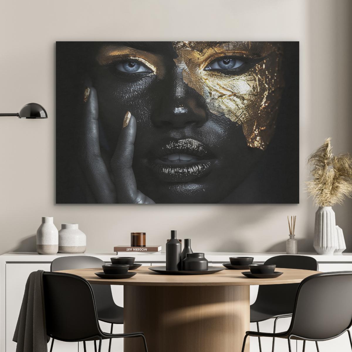 AKUSTIKBILD Frau - Gold - Porträt - Schwarz-Weiß - Luxus Wandbild Wohnzimmer 100x70 cm - Hellblau, Kunststoff (100/70/0.9cm) - MuchoWow