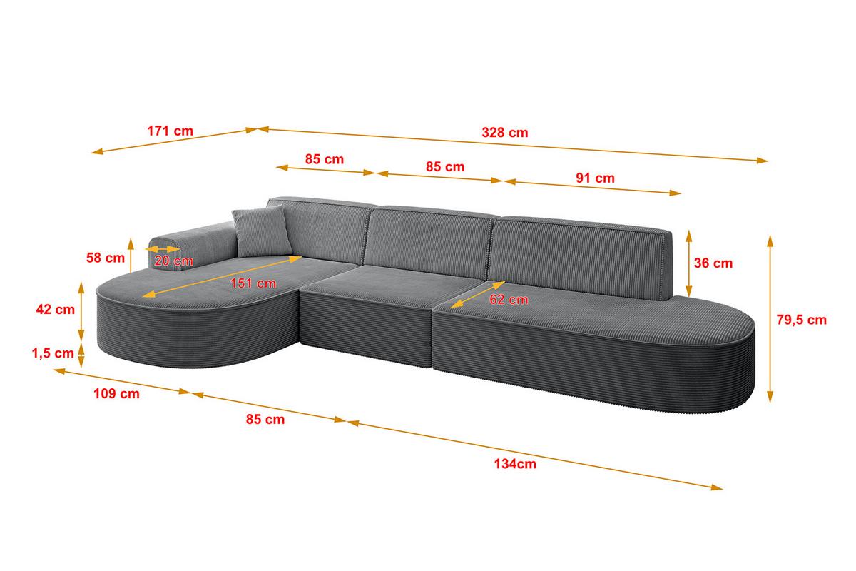 ECKSOFA Ottomane Links MARI-L2 - 328x171x79 cm Dunkelgrau Cord - Dunkelgrau/Schwarz, Holzwerkstoff/Kunststoff (171/321cm) - ALTDECOR