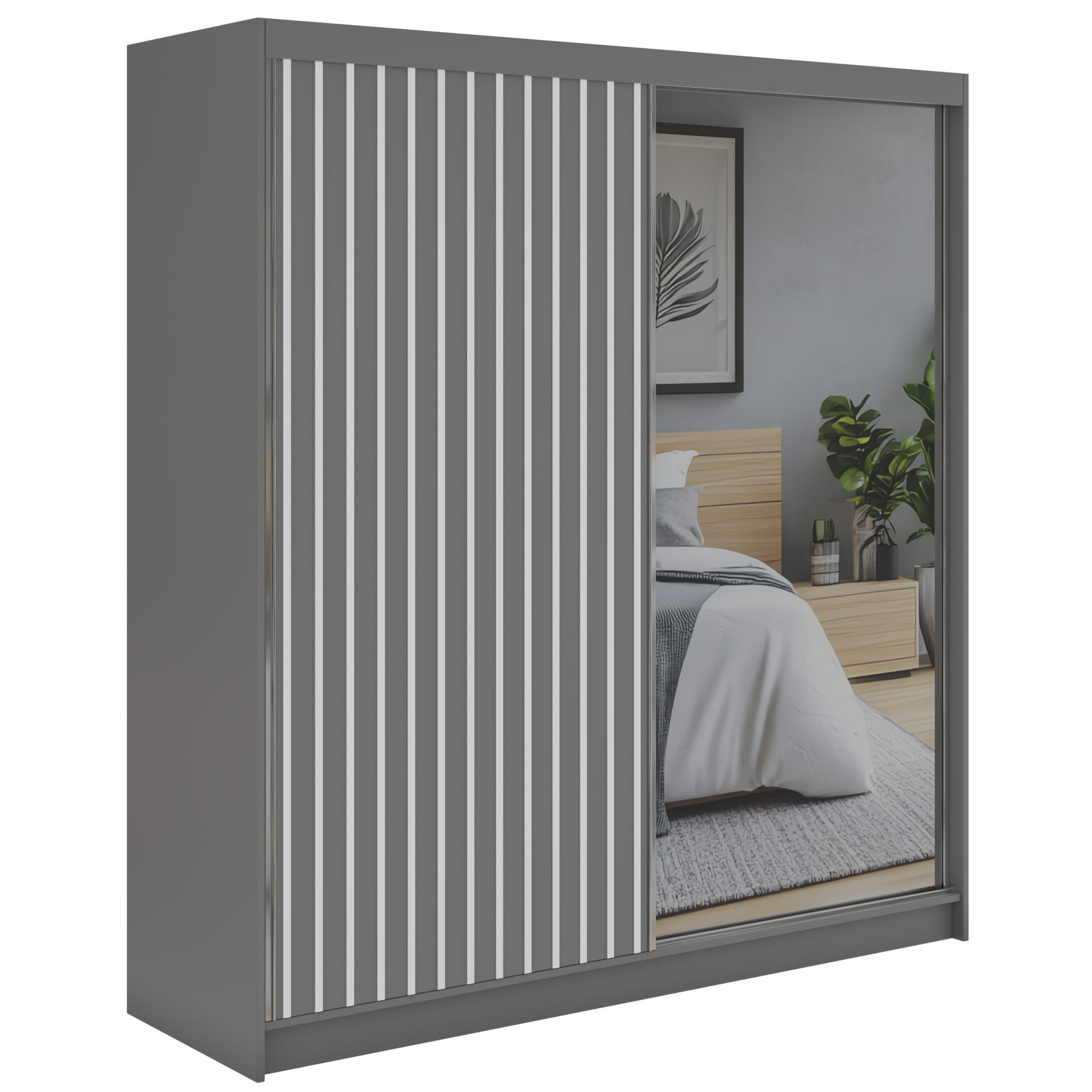 SCHWEBETÜRENSCHRANK mit Spiegel und Schubladen LAOS - 200 - Grau - Weiß Lamellen - Alufarben/Weiß, Holzwerkstoff/Metall (200/216/61cm) - MKS