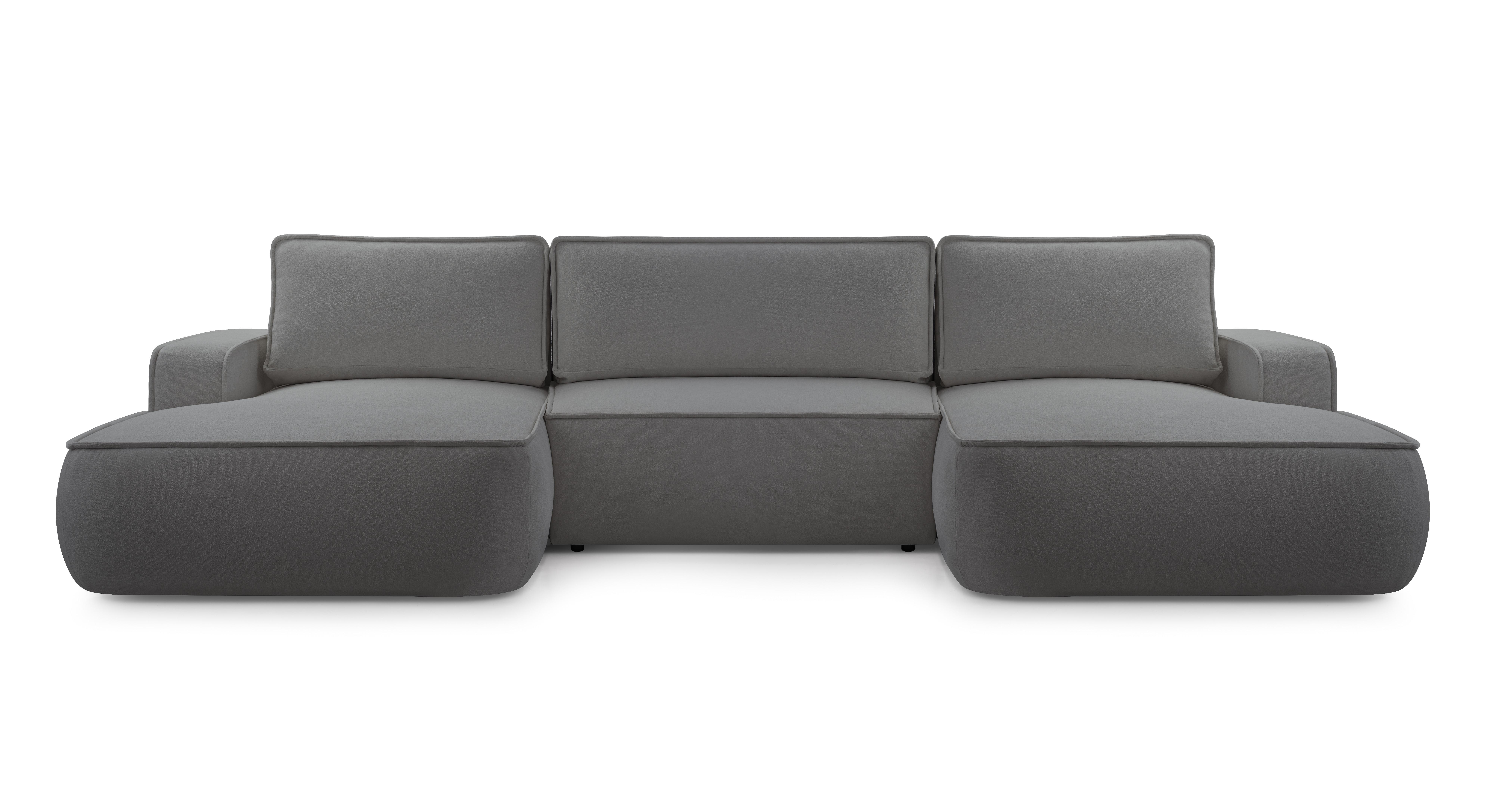 WOHNLANDSCHAFT SOLO Grau Boucle-Stoff mit Schlaffunktion - Grau, Holz (364/87/168cm) - MASSENO