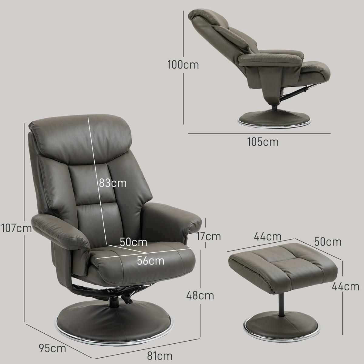 RELAXSESSEL mit Hocker, Fernsehsessel mit Liegefunktion, Wippfunktion Grau - Schwarz/Grau, Leder/Kunststoff (95/107/81cm) - HOMCOM