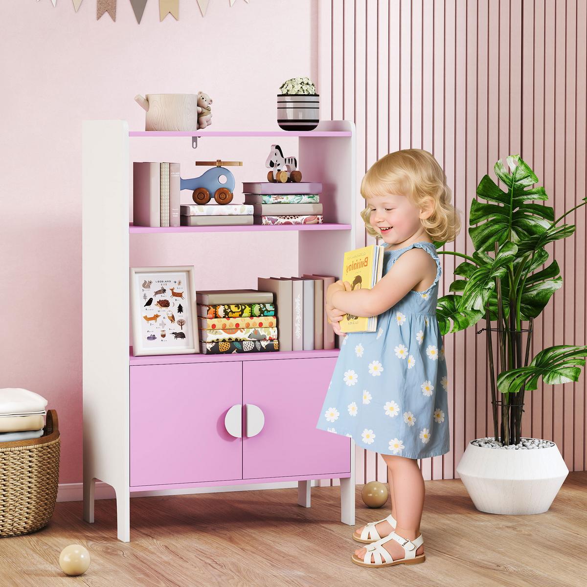 BÜCHERREGAL Kinderregal mit 2 Ablagen und 2 Schranktüren - Rosa/Weiß, Holzwerkstoff (35/100/60cm) - AIYAPLAY