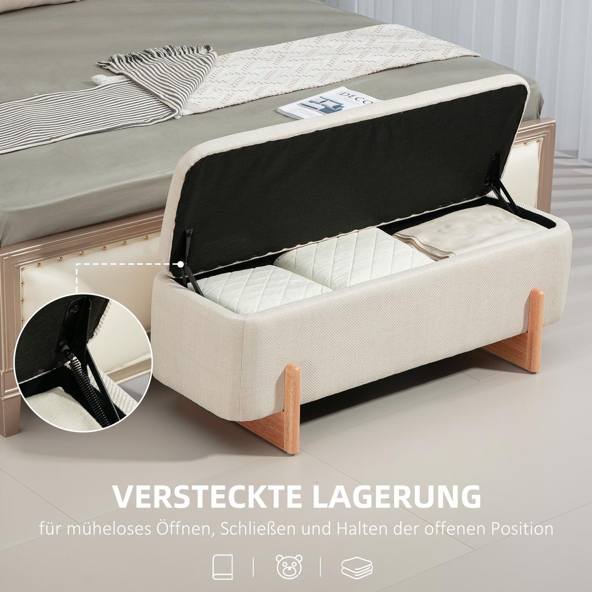 TRUHENBANK mit Leinenoptik, Holzbeine, Creme - Buchefarben/Creme, Kunststoff/Buchenholz (44/44.5/111cm) - HOMCOM