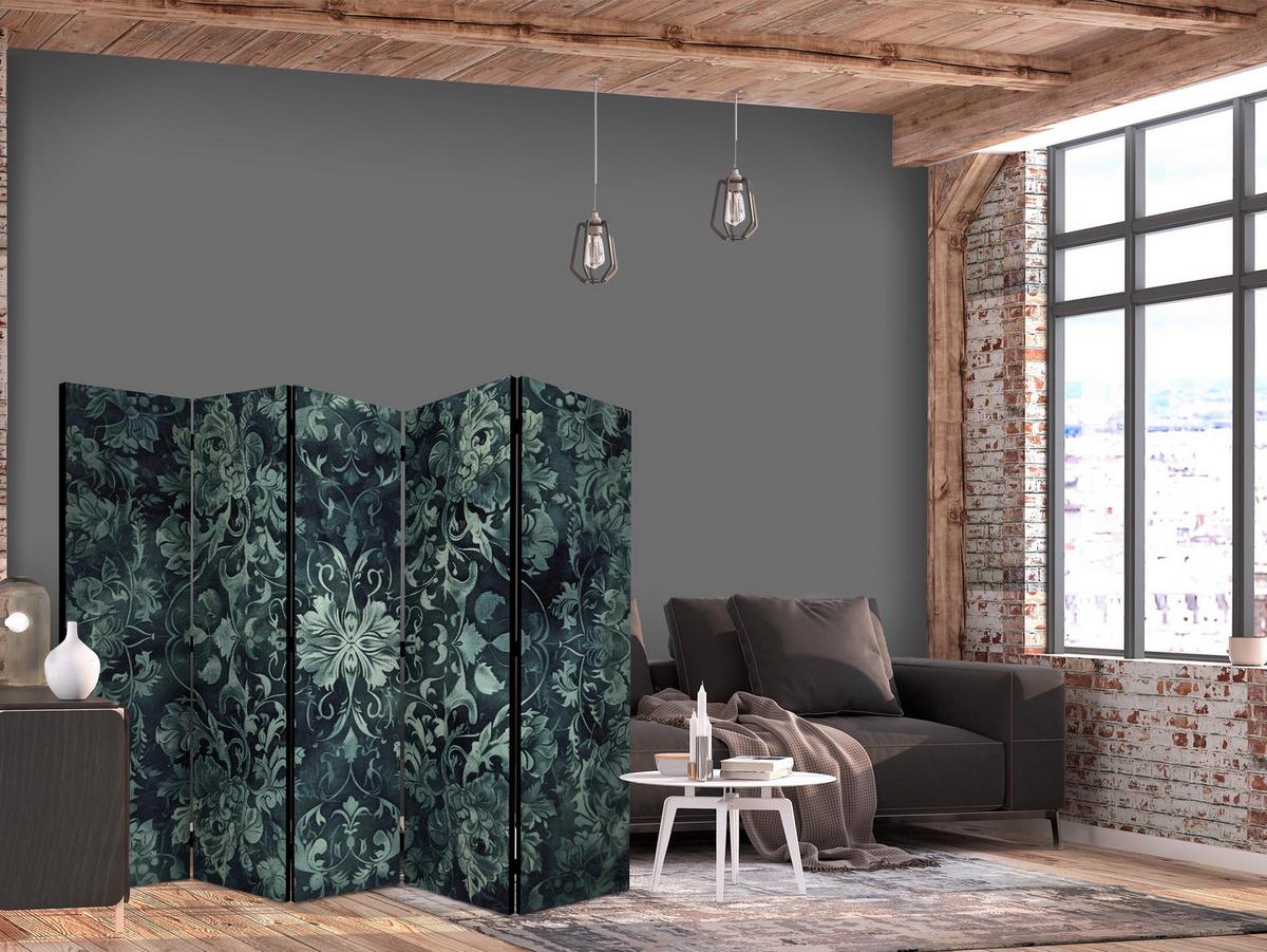 PARAVENT 5-tlg 225x172 cm Smaragdgrüne Ornamente - Grün, Holz/Textil (225/172/3cm) - Muralo