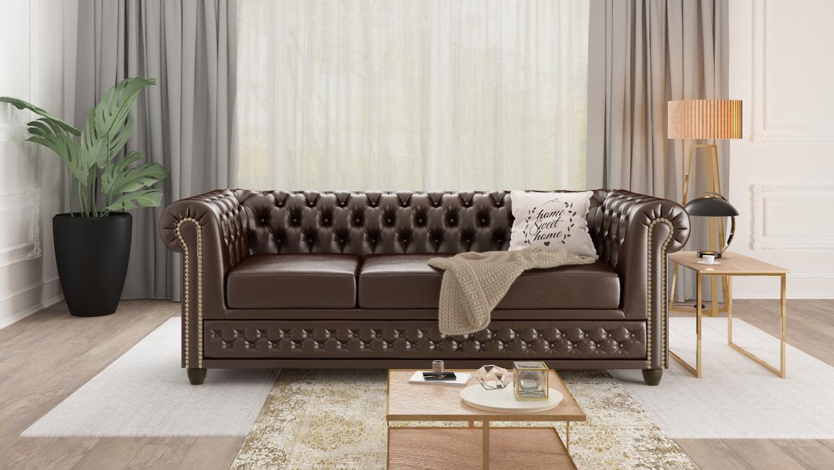 CHESTERFIELD-SOFA 3-sitzer mit Schlaffunktion Morin Braun vegan Leder - Braun, Holz/Textil (203/72/86cm) - S-Style Möbel